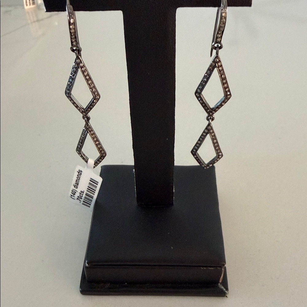 Elegant Sterling Silver 925 Blackened Double Diamond Drop Earrings